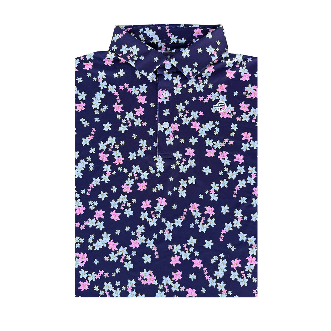 Navy shirt with pink and blue floral pattern on a white background