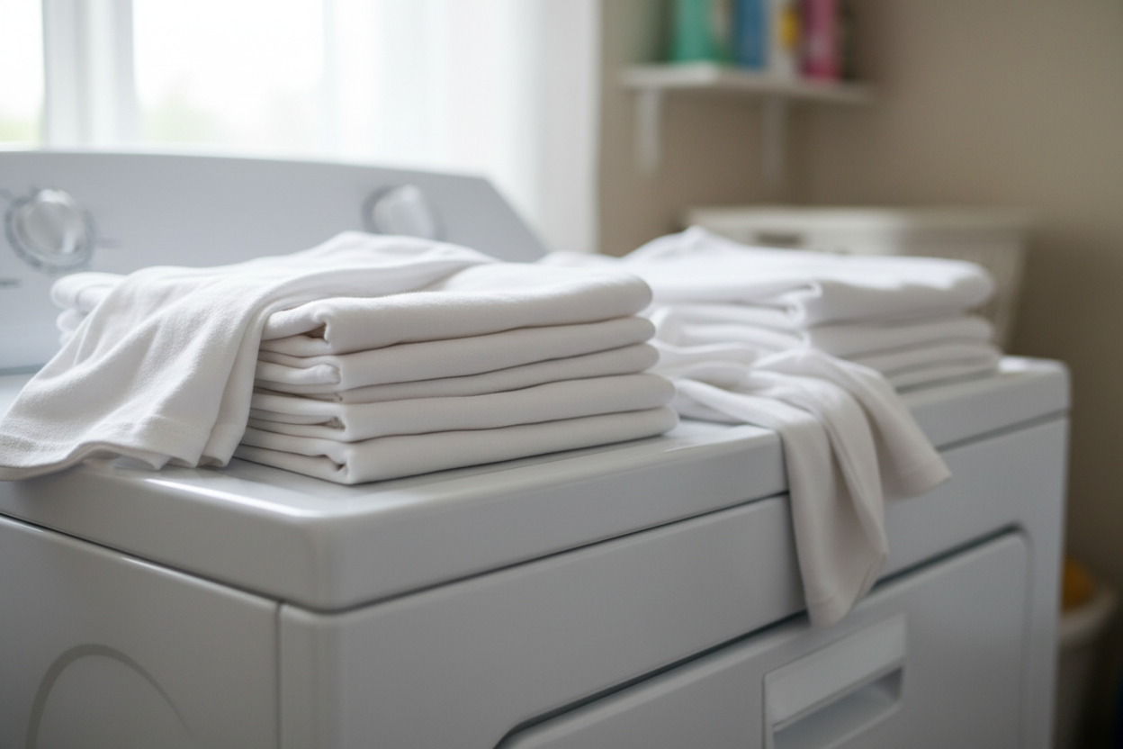 White golf shirts laying on top of a white clothes dryer