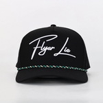 A black baseball cap with 'Flyer Lie' embroidered in white script across the front, featuring a decorative braided band in green, white, and black around the brim, set against a plain white background.