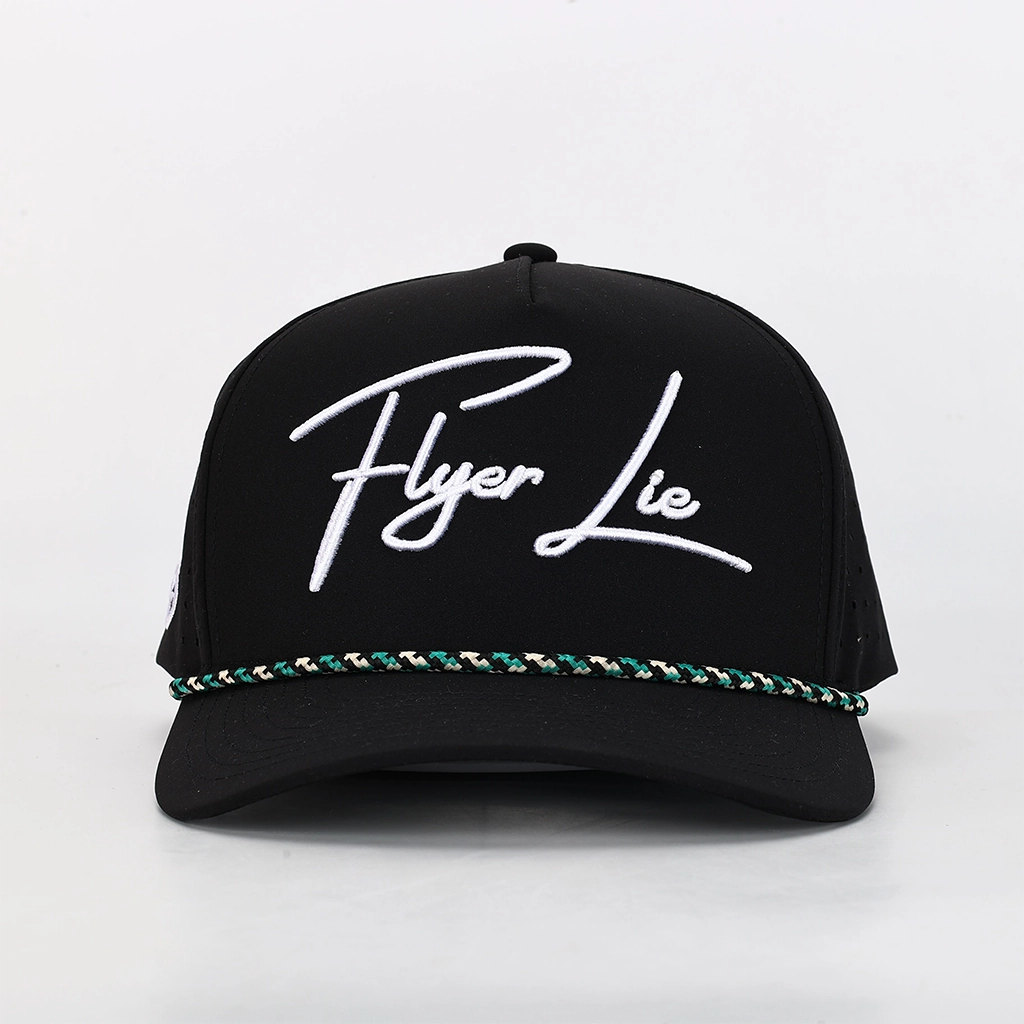 A black baseball cap with 'Flyer Lie' embroidered in white script across the front, featuring a decorative braided band in green, white, and black around the brim, set against a plain white background.