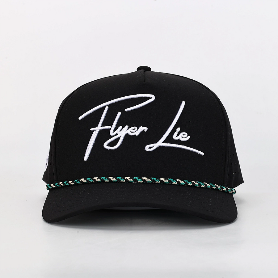 A black baseball cap with 'Flyer Lie' embroidered in white script across the front, featuring a decorative braided band in green, white, and black around the brim, set against a plain white background.