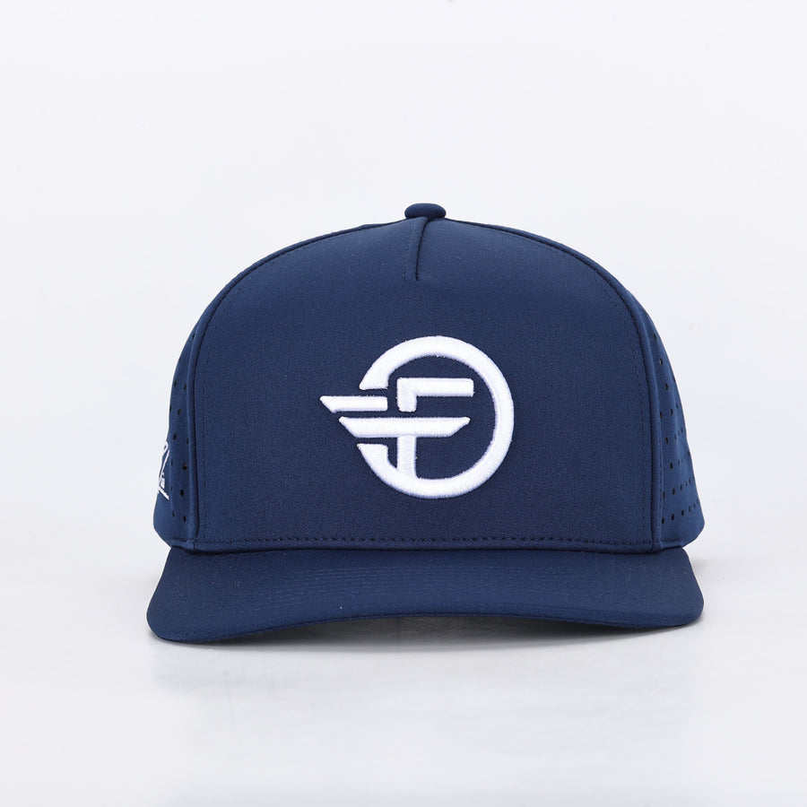 A blue baseball cap with a white embroidered logo on the front.