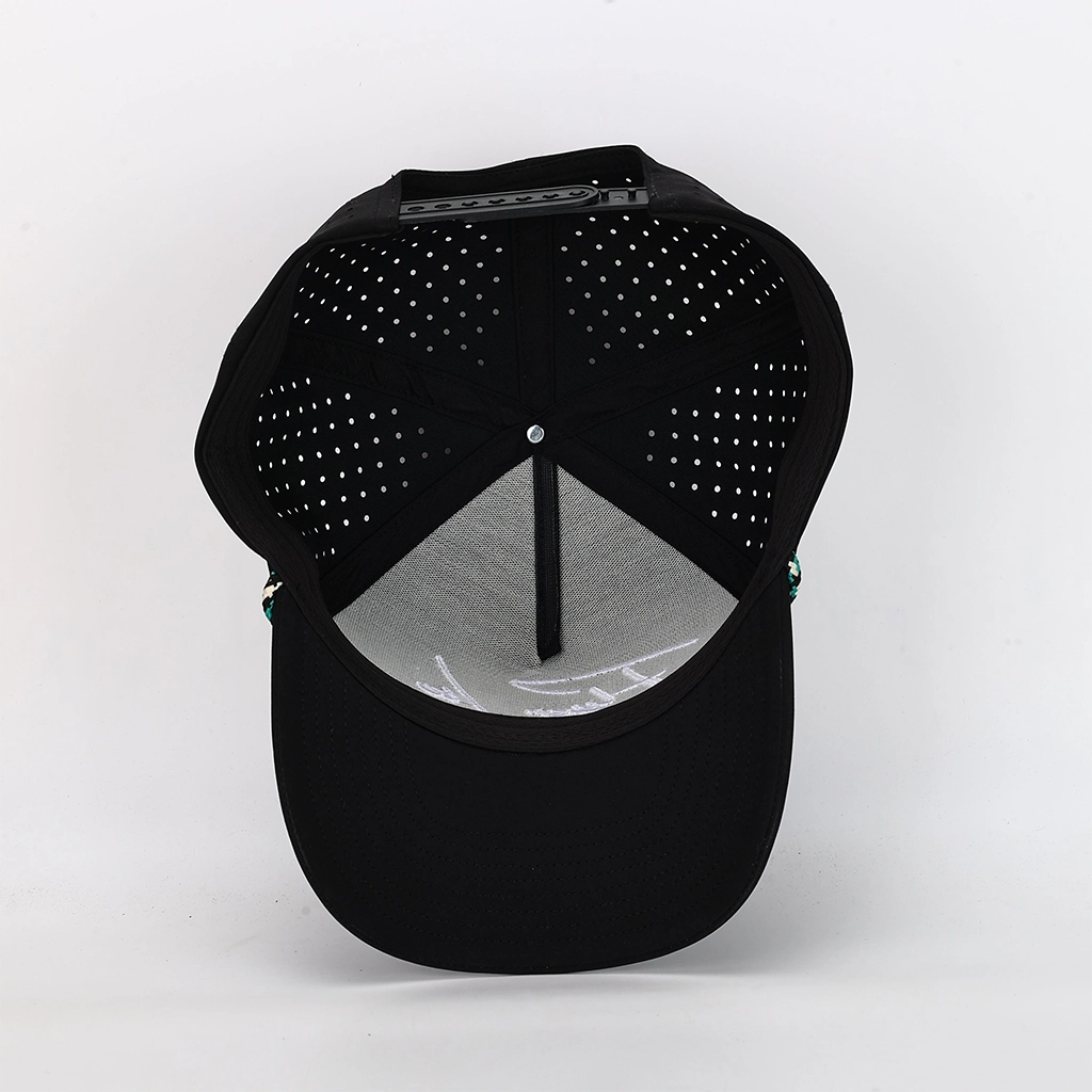 Black baseball cap with a curved brim, solid front panel, and perforated back panels, shown from the back on a white background.