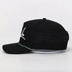 Black cap with colorful text and logo on a white background