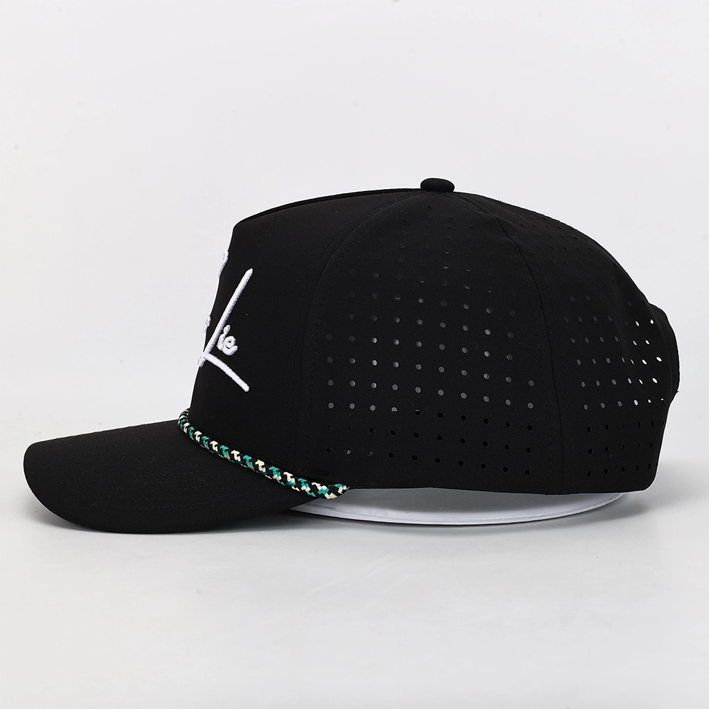 Black cap with colorful text and logo on a white background