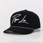A black baseball cap with white embroidered 'Flyer Lie' script on the front, a green and white braided trim along the brim, and perforated side panels, shown on a white background.