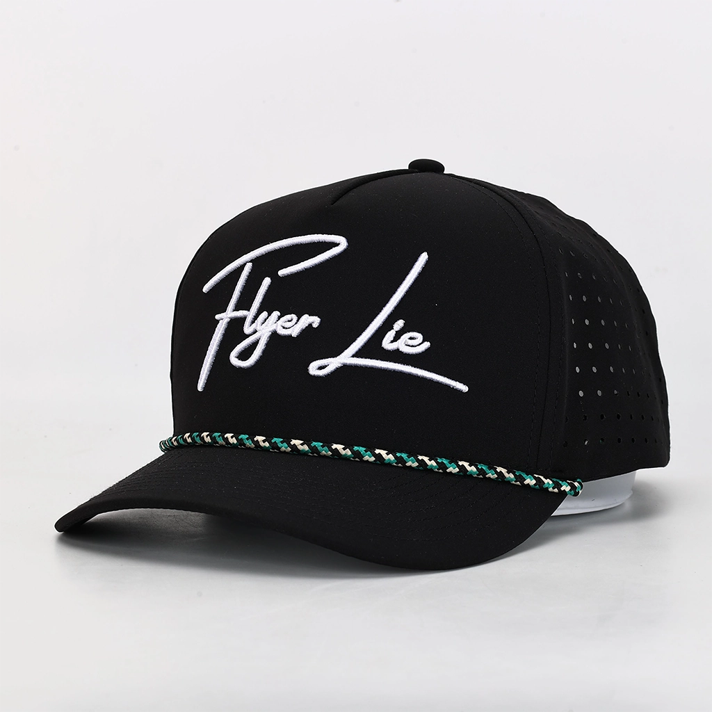 A black baseball cap with white embroidered 'Flyer Lie' script on the front, a green and white braided trim along the brim, and perforated side panels, shown on a white background.