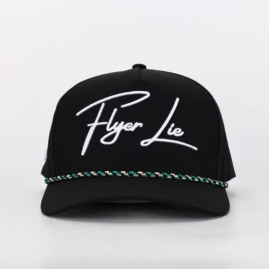 A black snapback style hat with a white cursive logo 'Flyer Lie' written on the front and a decorative rope detail around the base.
