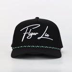 A black snapback style hat with a white cursive logo 'Flyer Lie' written on the front and a decorative rope detail around the base.
