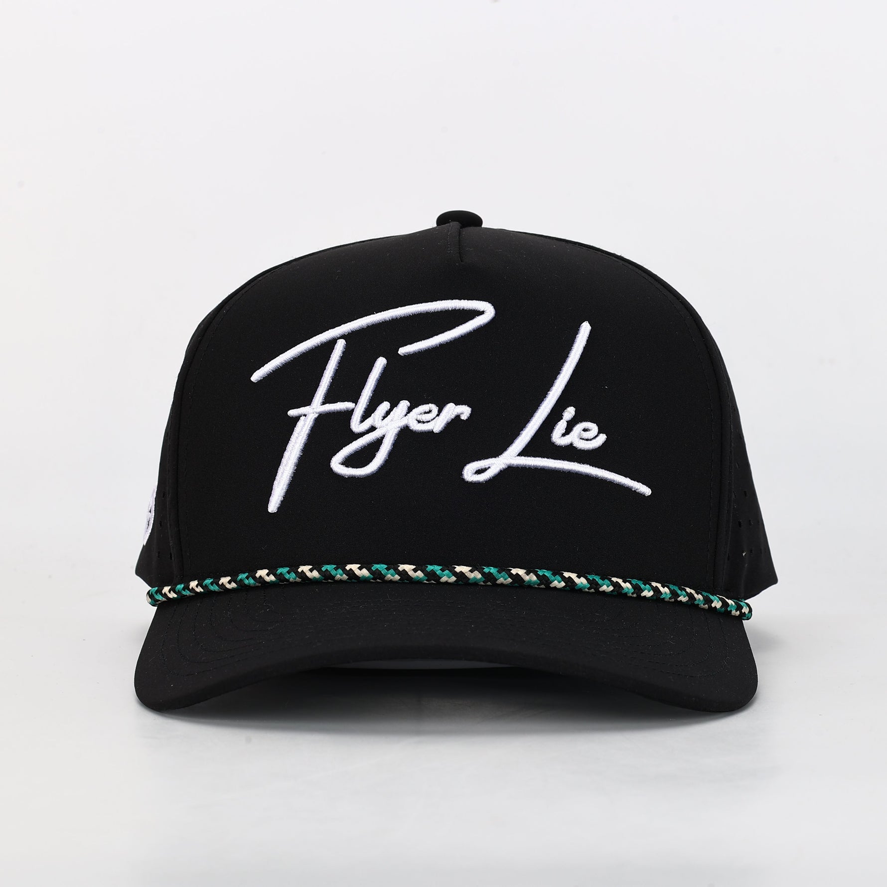 A black snapback style hat with a white cursive logo 'Flyer Lie' written on the front and a decorative rope detail around the base.