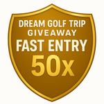 Shield-shaped gold badge with text for a dream golf trip giveaway
