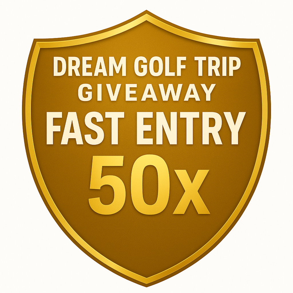 Shield-shaped gold badge with text for a dream golf trip giveaway