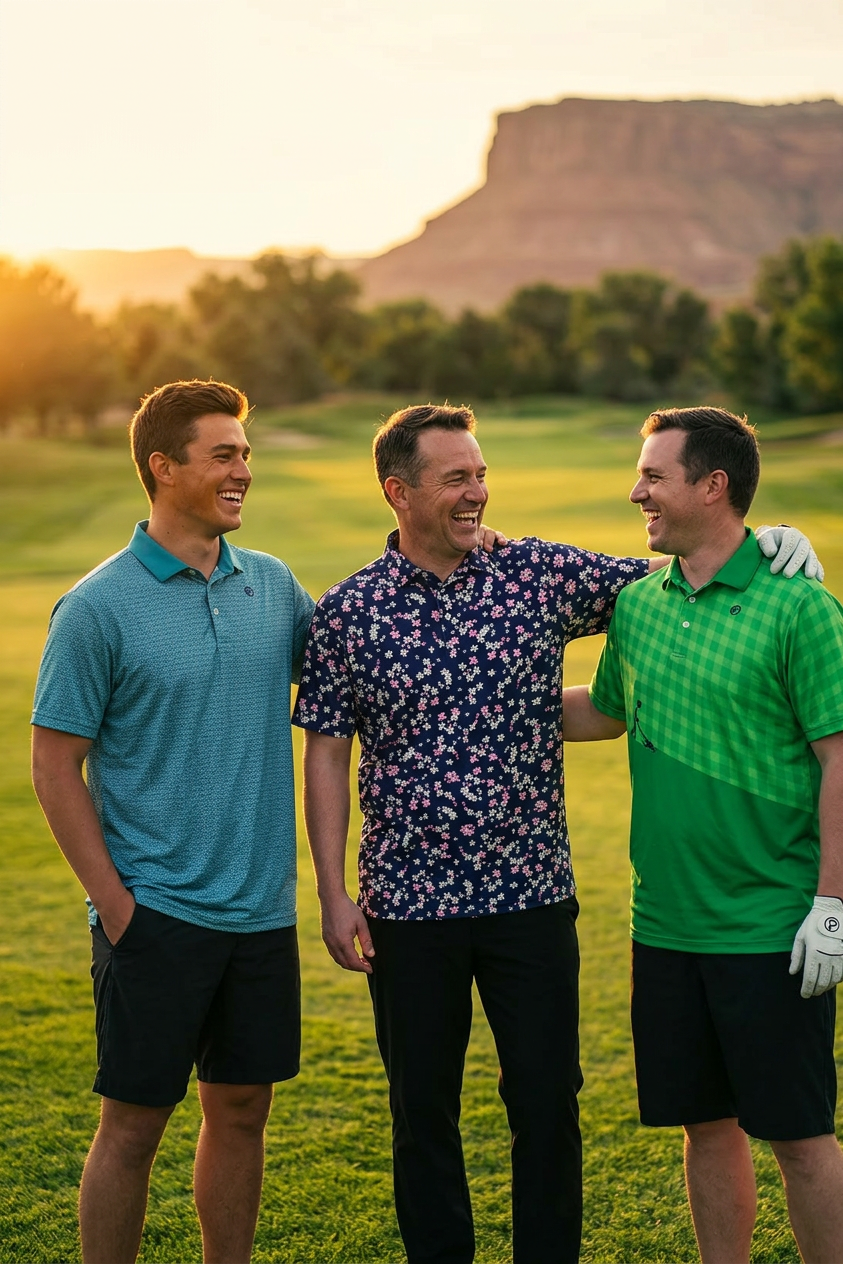 Three men standing together on a golf course with a scenic background