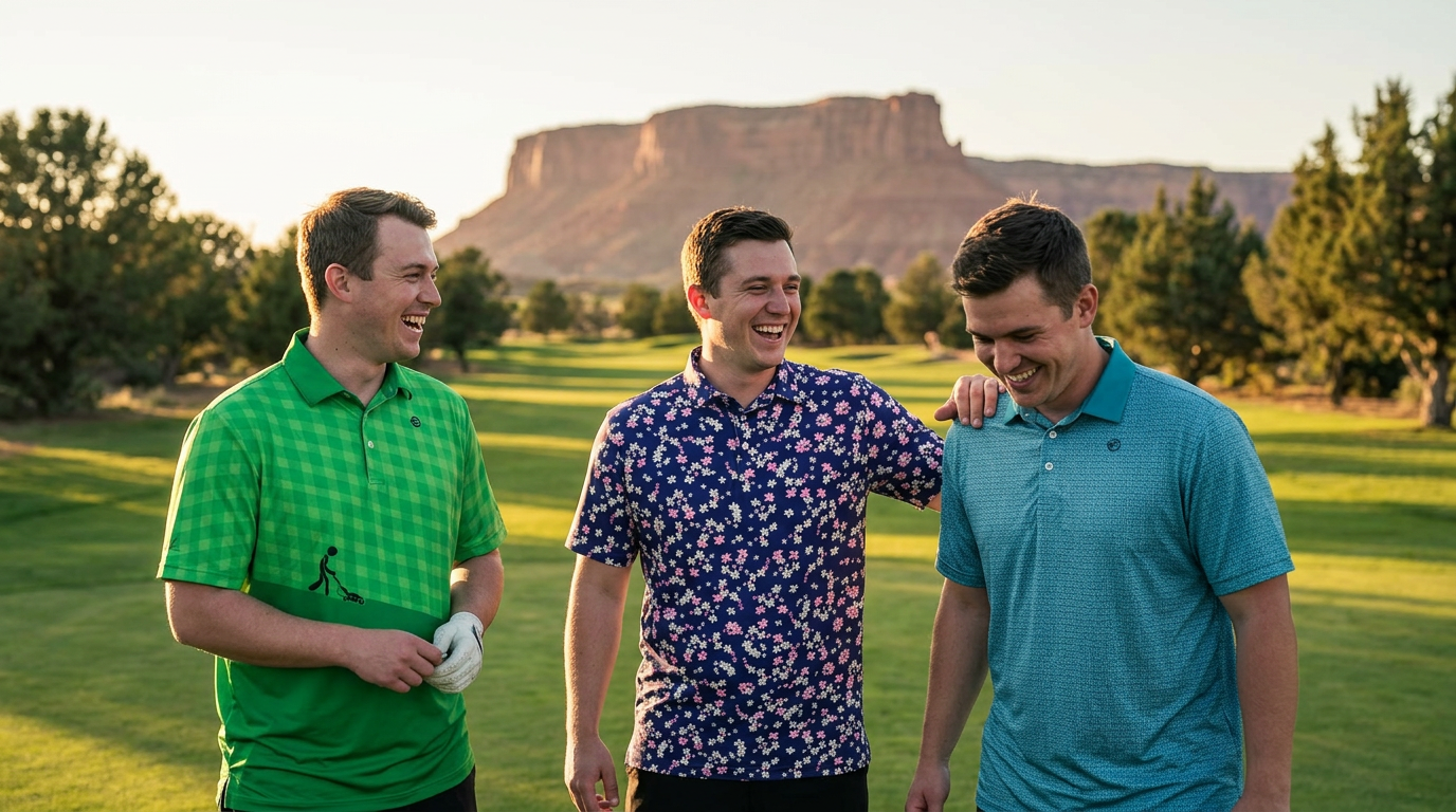Three men standing on a golf course with a scenic background