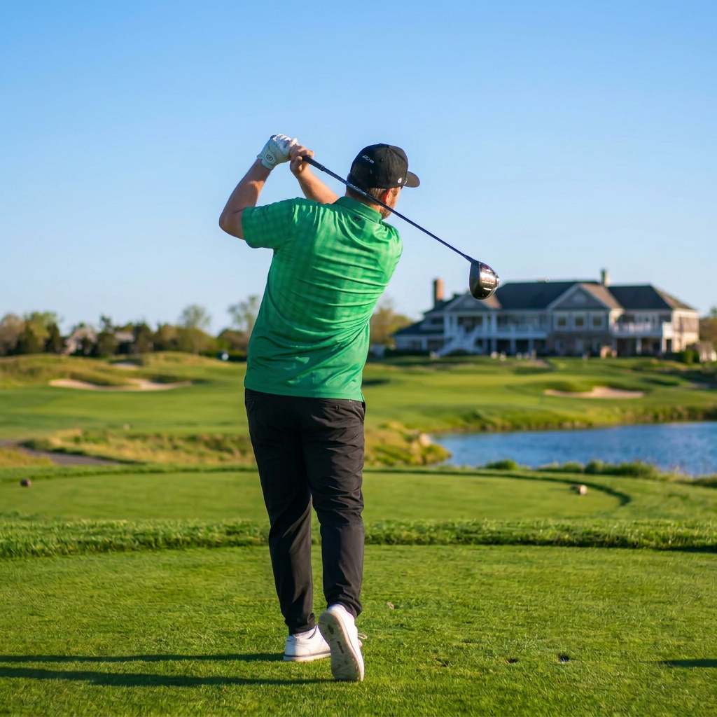 A man wearing a green polo shirt, black pants, and a black cap is captured mid-swing on a golf course with a clubhouse and water in the background.