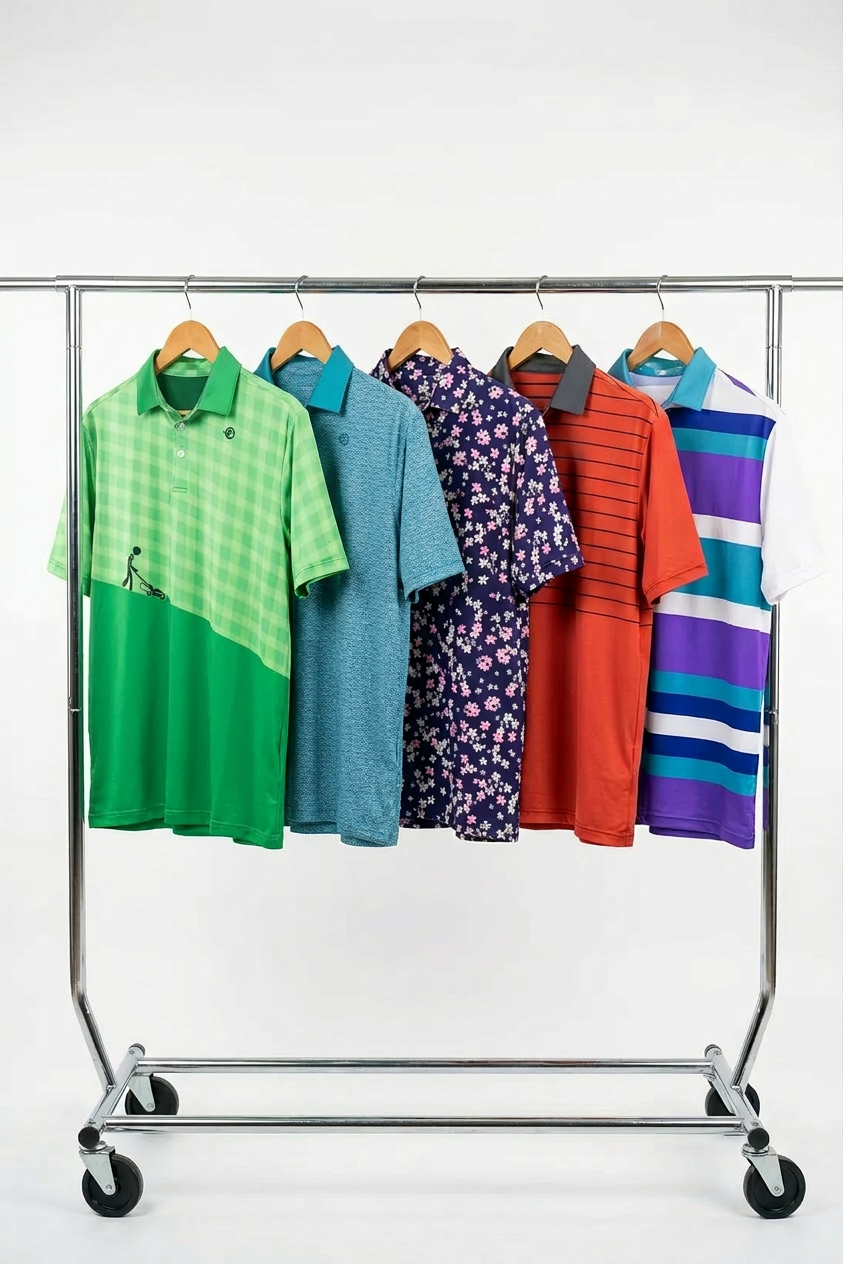 multi colored golf polos on hangers and hanging on a rack