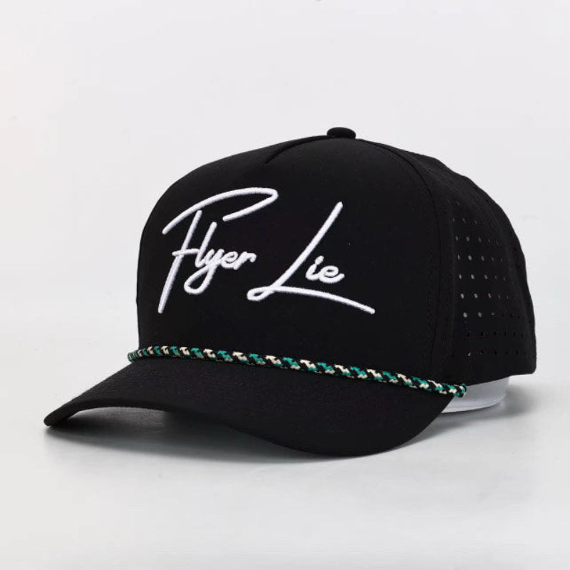 A black snapback style cap with 'Flyer Lie' written in white cursive text on the front panel, featuring a white and green braided detail around the base.
