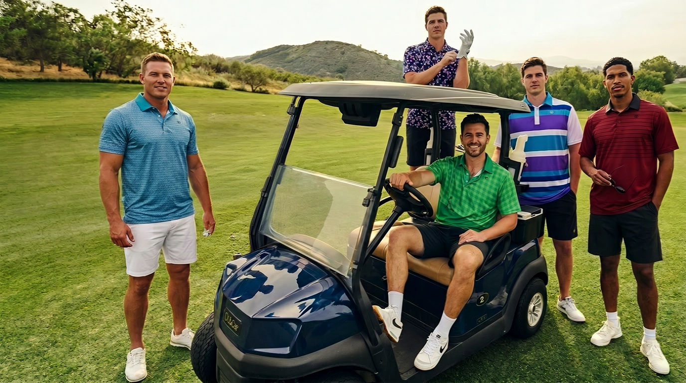 Group of men on a golf course with a golf cart