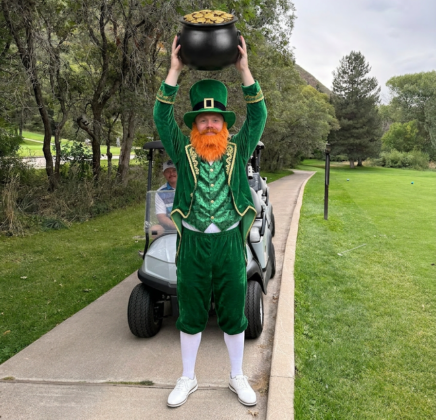 Person in a green leprechaun costume holding a pot of gold on a golf course.