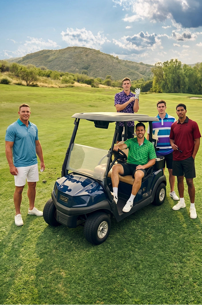 5 male golfers standing around a golf cart 
