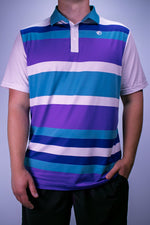 Person wearing a striped polo shirt with purple, blue, and white colors on a plain background