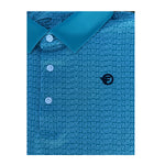 Blue patterned polo shirt with a logo on a white background