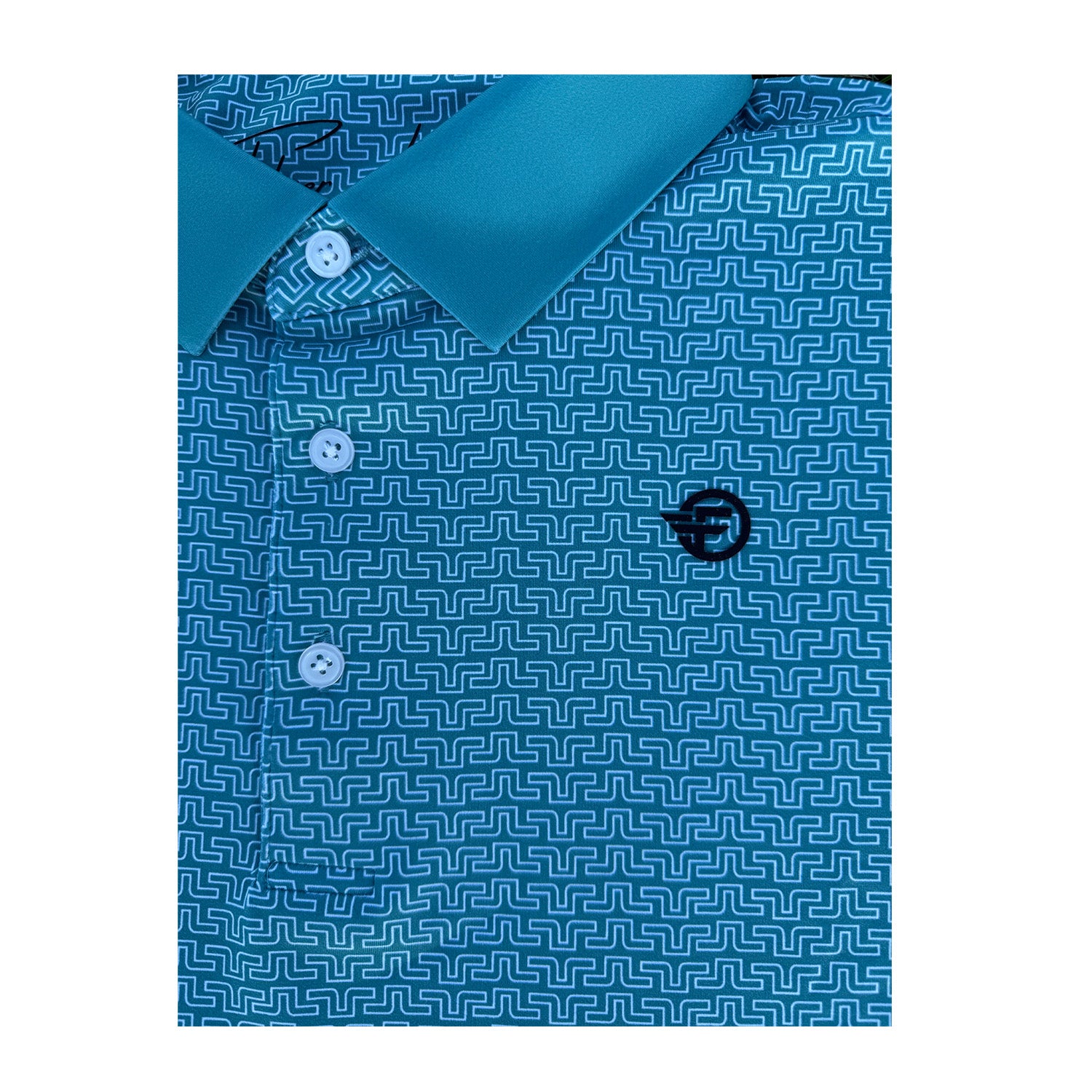 Blue patterned polo shirt with a logo on a white background