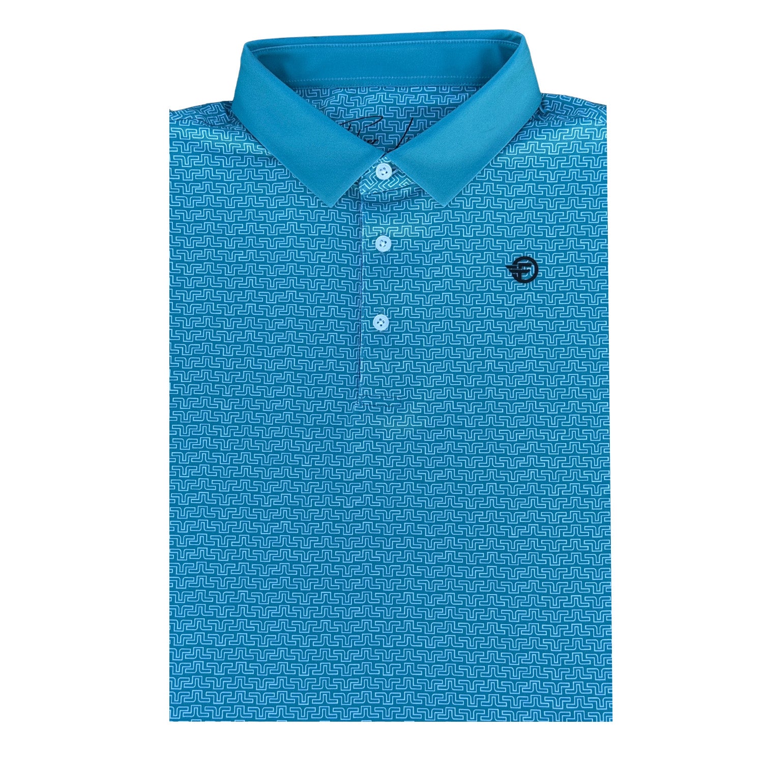 Blue patterned polo shirt on a white background