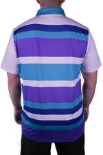 Person wearing a blue and purple striped polo shirt on a white background