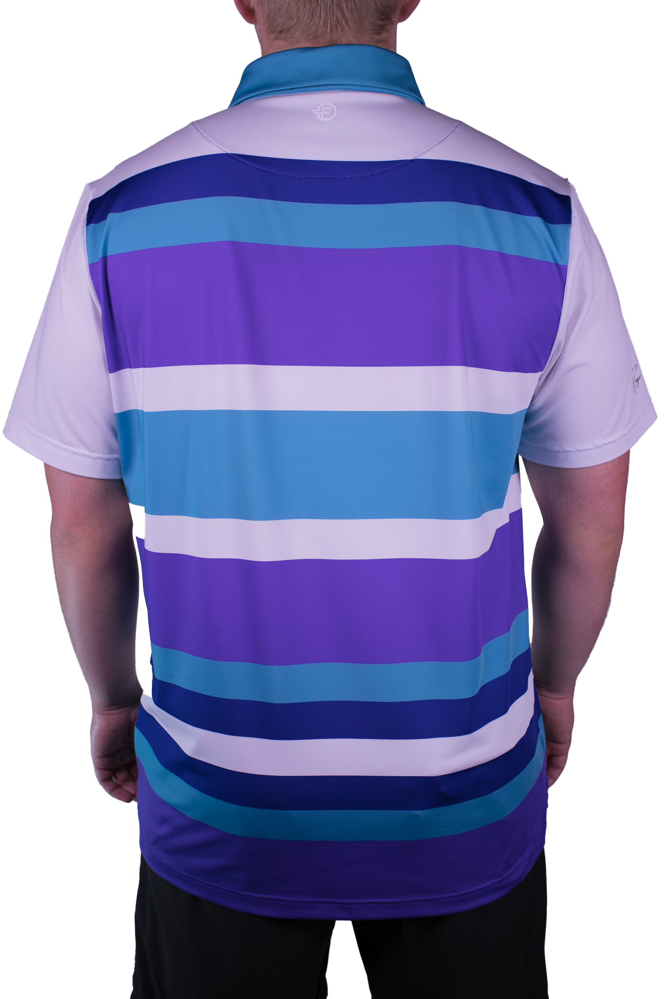 Person wearing a blue and purple striped polo shirt on a white background