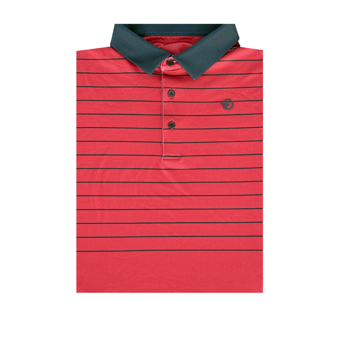 Close up of the Ran Out Of Ink Polo from Flyer Lie. The polo is Red with black stripes and a black collar