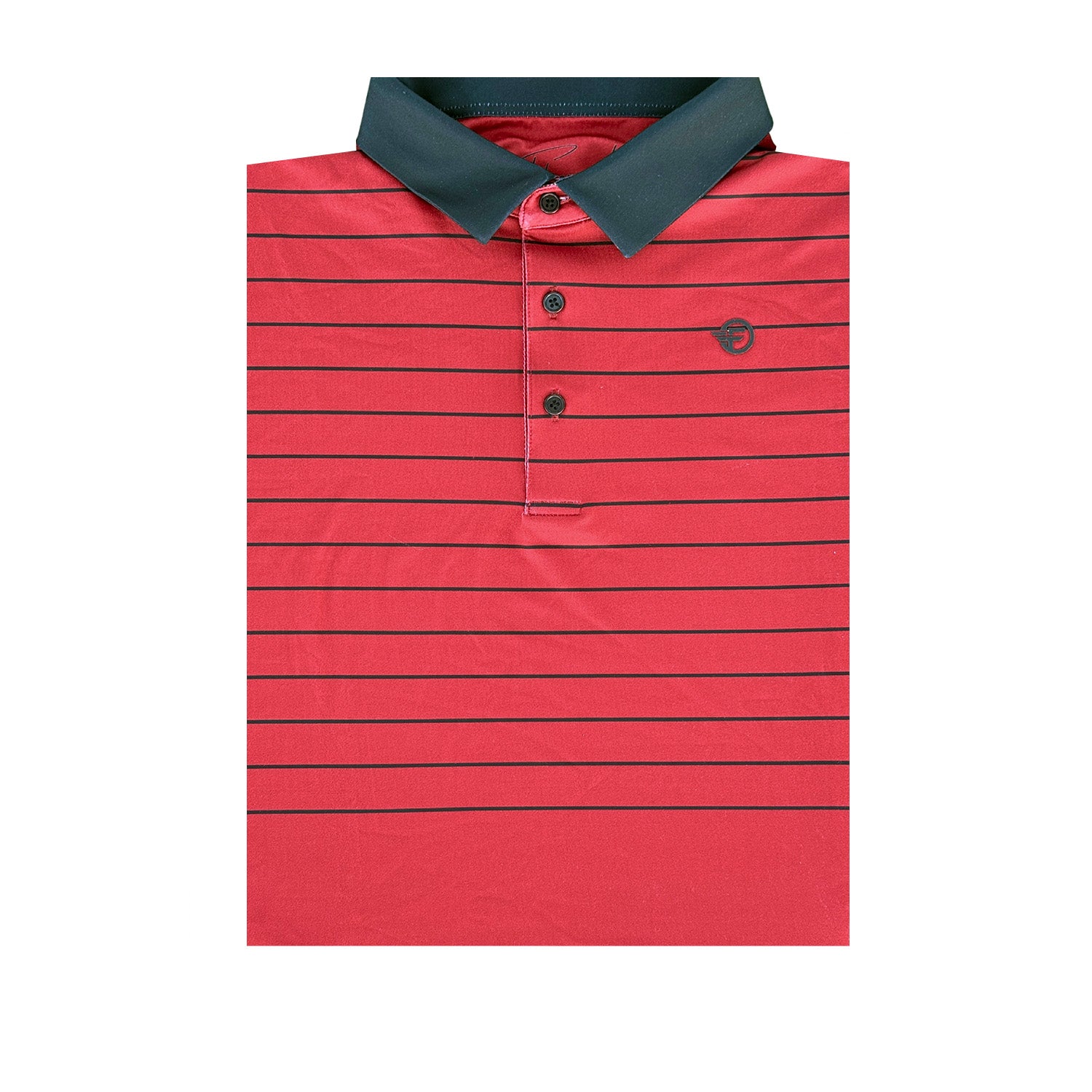 Close up of the Ran Out Of Ink Polo from Flyer Lie. The polo is Red with black stripes and a black collar
