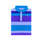 Blue teal purple and white striped polo with a logo