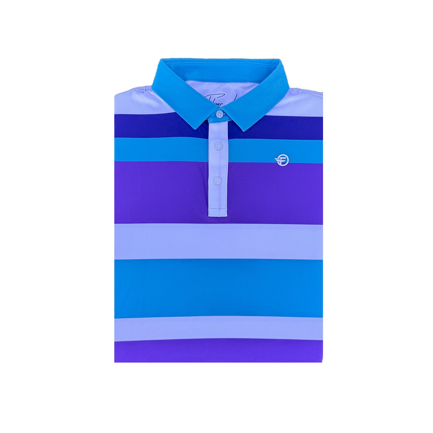 Blue teal purple and white striped polo with a logo
