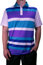 Person wearing a purple, blue, and white striped polo shirt on a white background
