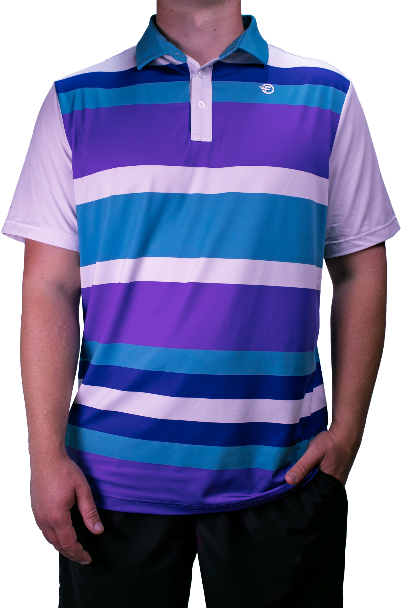 Person wearing a purple, blue, and white striped polo shirt on a white background