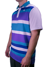 Person wearing a colorful striped polo shirt on a white background