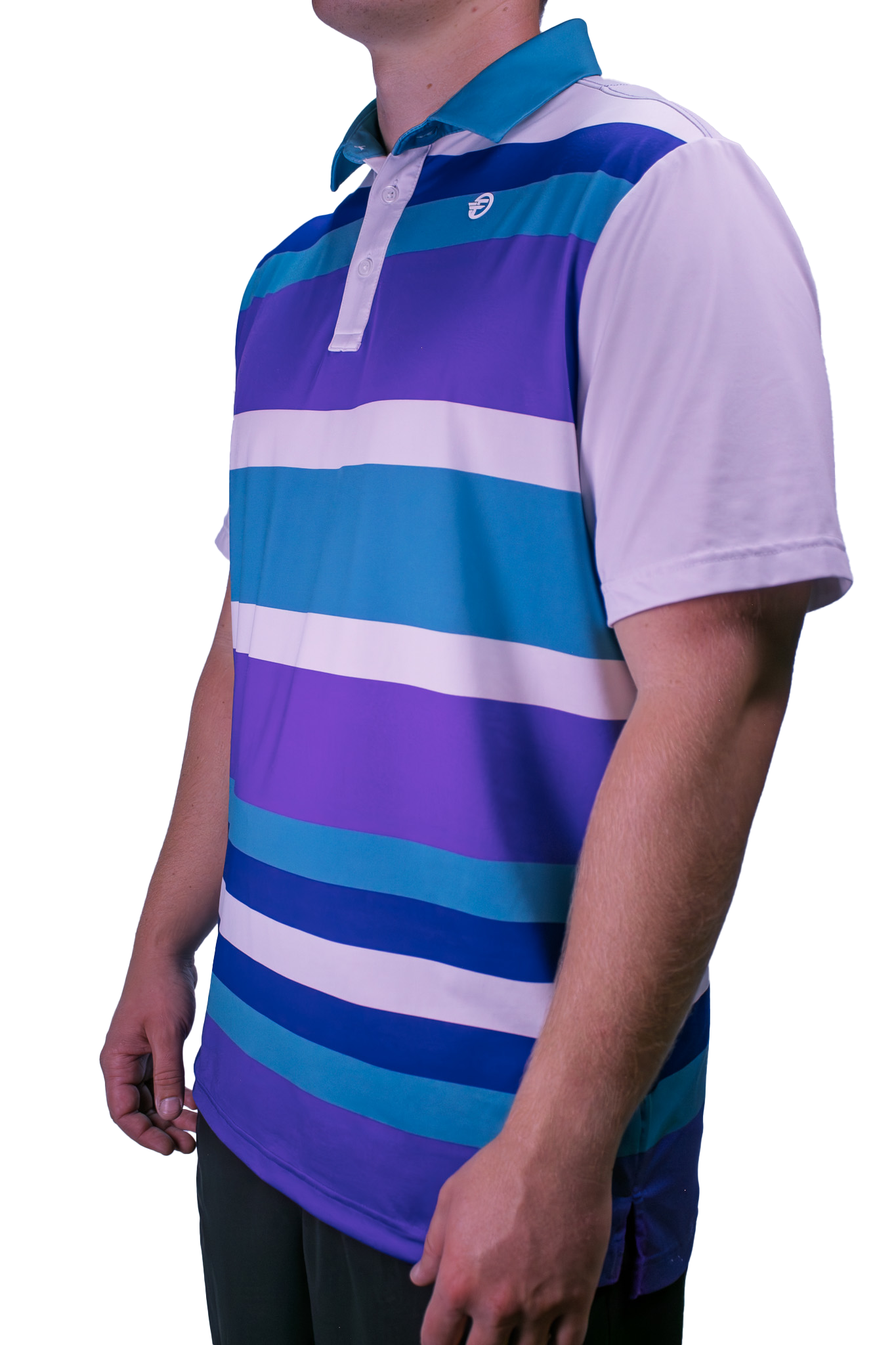 Person wearing a colorful striped polo shirt on a white background