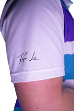 Close-up of a person wearing a sports outfit with 'Flyer Lie' branding on a white background.
