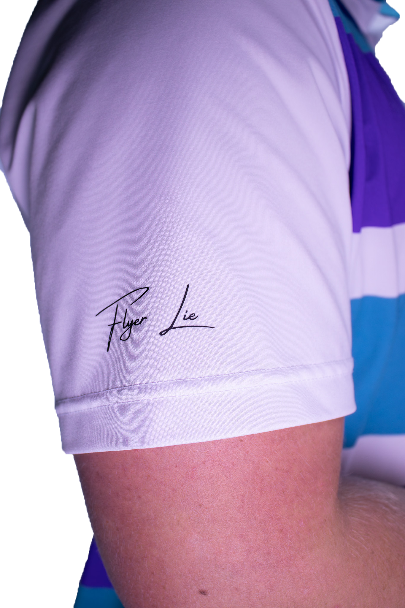 Close-up of a person wearing a sports outfit with 'Flyer Lie' branding on a white background.