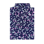 Navy shirt with pink and blue floral pattern on a white background