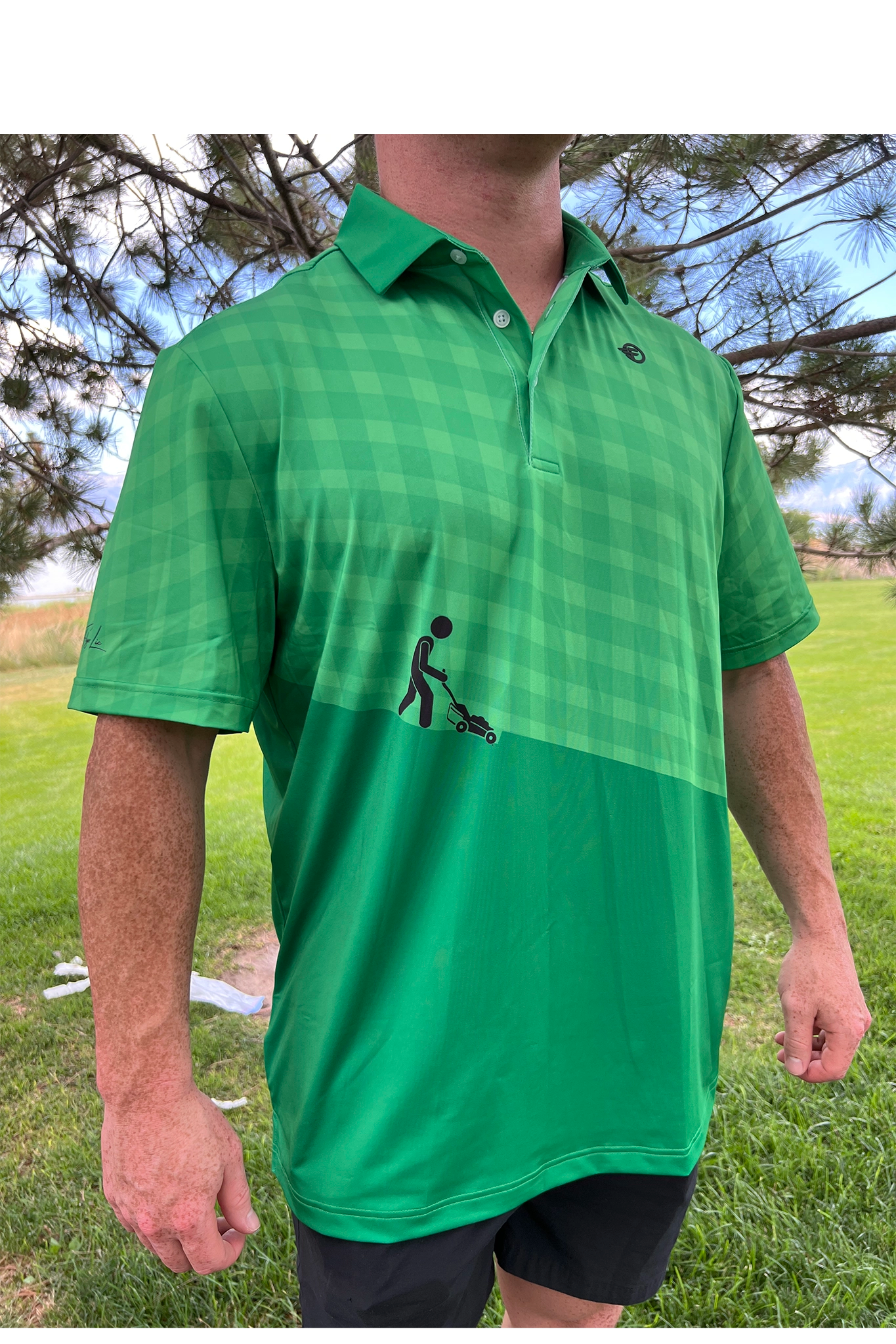 Person wearing a green checkered polo shirt with a graphic on a grassy background