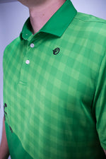Green checkered polo shirt with a brand logo on a plain background