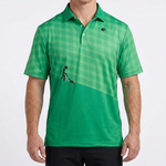 A man wearing a green short-sleeve polo shirt with a diagonal checkerboard pattern and a black graphic of a golfer on the front, set against a plain white background.