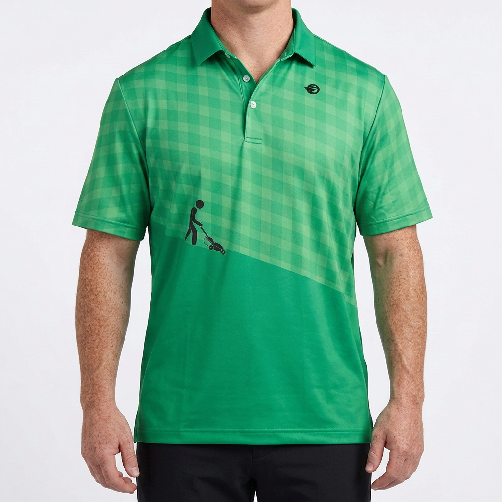 A man wearing a green short-sleeve polo shirt with a diagonal checkerboard pattern and a black graphic of a golfer on the front, set against a plain white background.