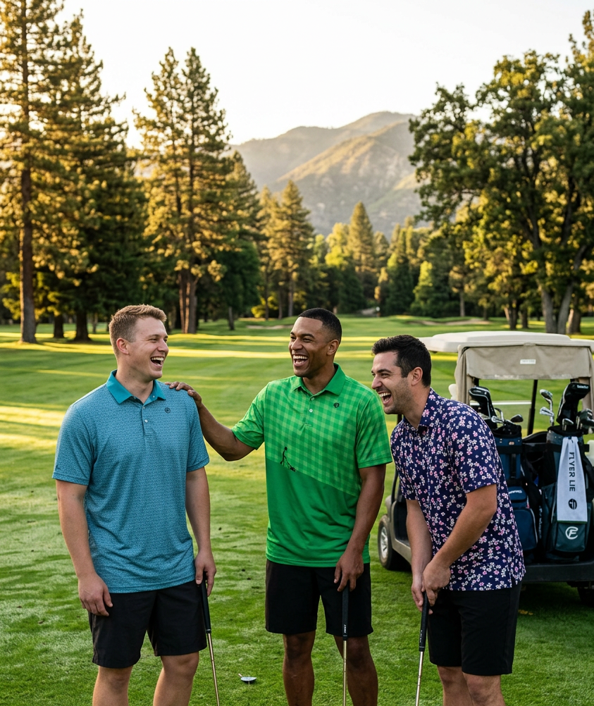 Three men on a golf course with trees and mountains in the background