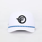 A white five-panel snapback hat with a black logo embroidery in the center and a blue decorative rope detail around the base.
