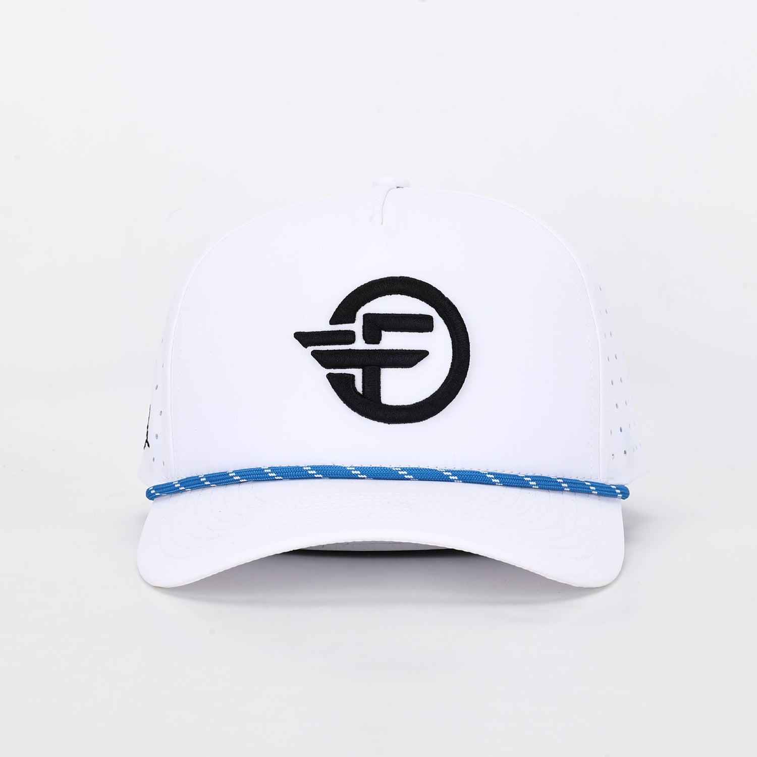 A white five-panel snapback hat with a black logo embroidery in the center and a blue decorative rope detail around the base.