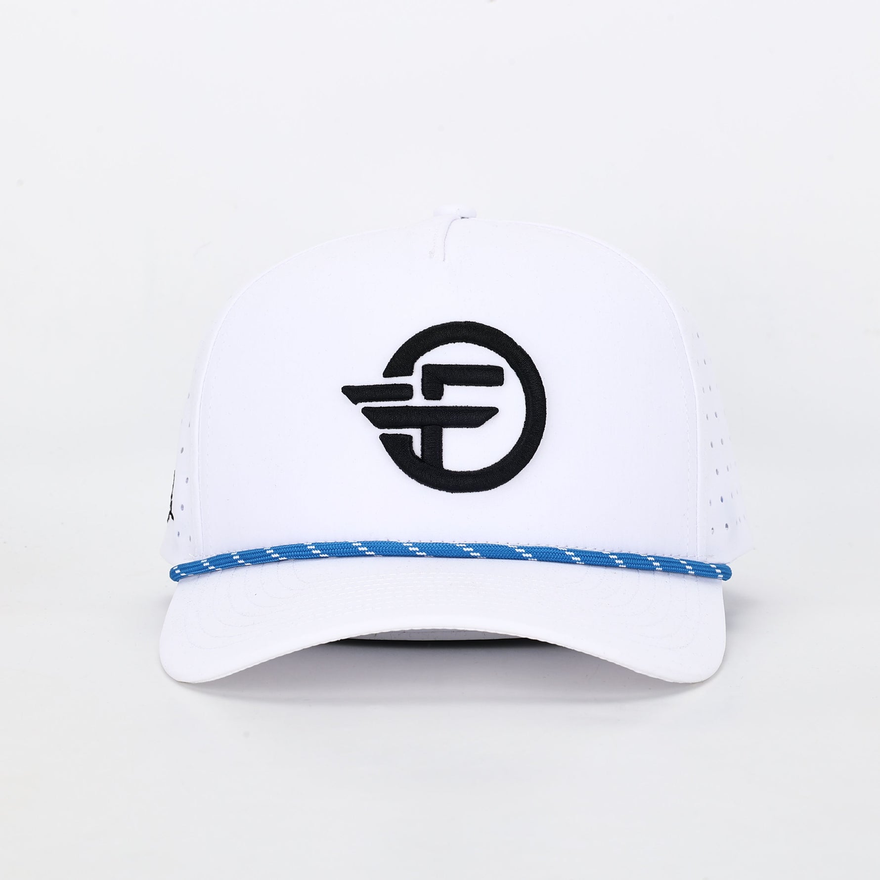 A white five-panel snapback hat with a black logo embroidery in the center and a blue decorative rope detail around the base.