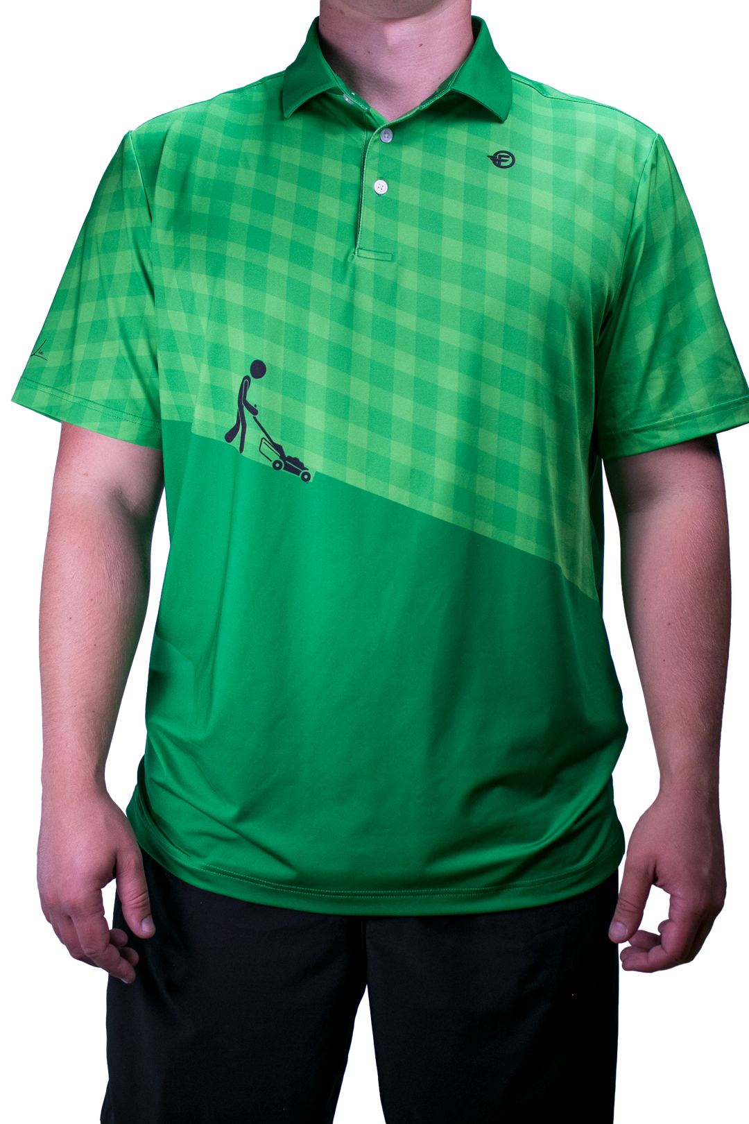 Green checkered polo shirt with a graphic of a person using a lawn mower on a white background